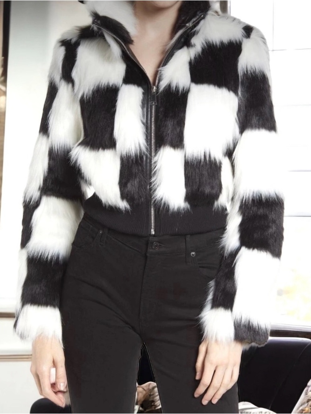 Black & White Faux Fur Check Bomber Jacket